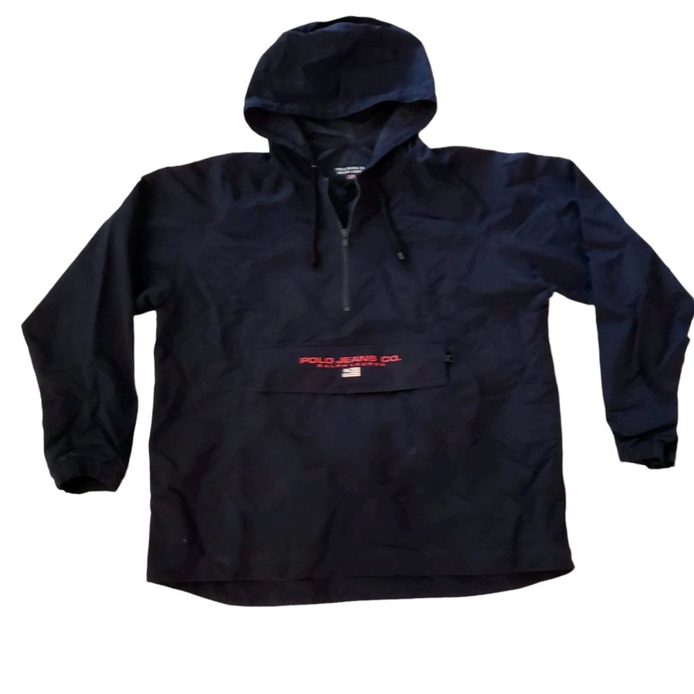 VTG Ralph Lauren Polo Jeans Co. Navy Hooded 1/4 Zip Jacket Packable Large